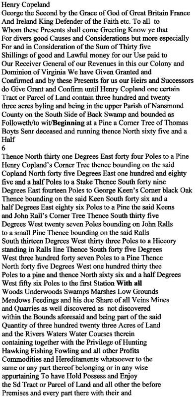 Copeland 1743 Deed Transcript  pg 1