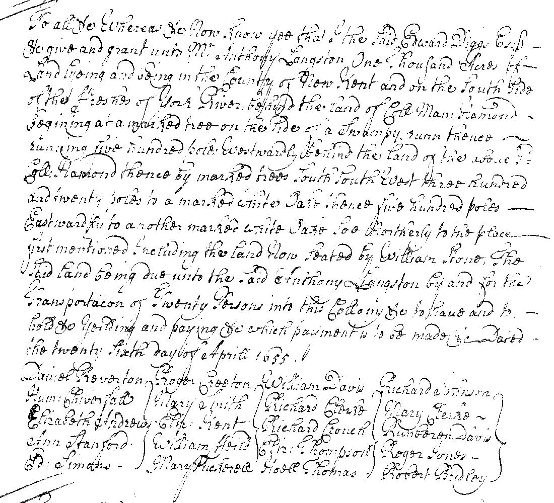 Anthony Langston 1655 Deed - New Kent Co. VA