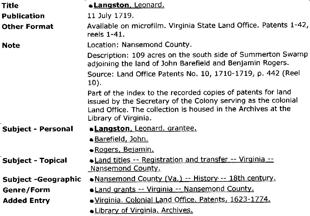 Leonard Langston 1719 Deed Desc