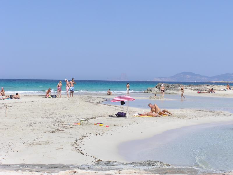 Beautiful sand at Llevant Beach looking towards Ibiza