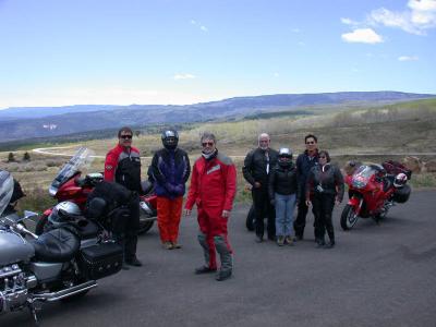 We stop at a pullout for a view, a stretch, and a riders conference