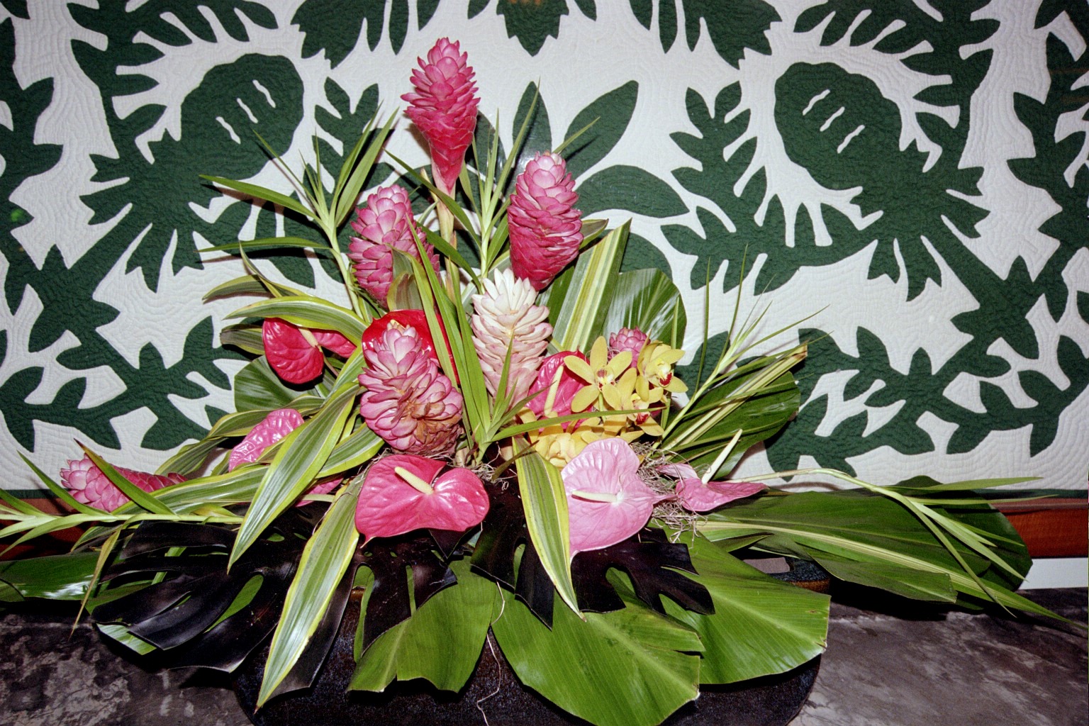 Tropical flower display and quilt -Moana Surfrider Hotel, Waikiki