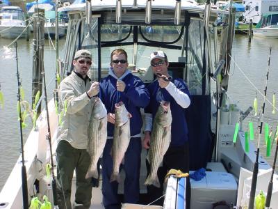 5/1/2005 Ted Grabow and friends - Limit 29 30 36 Stripers with heavy rain and wind!