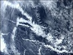 NASA satellite photo of trails in the Pacific Ocean left after the passage of large ships.