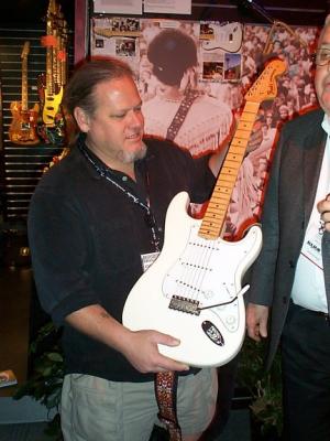 John Page with the clone Strat to be displayed at the Fender Museum