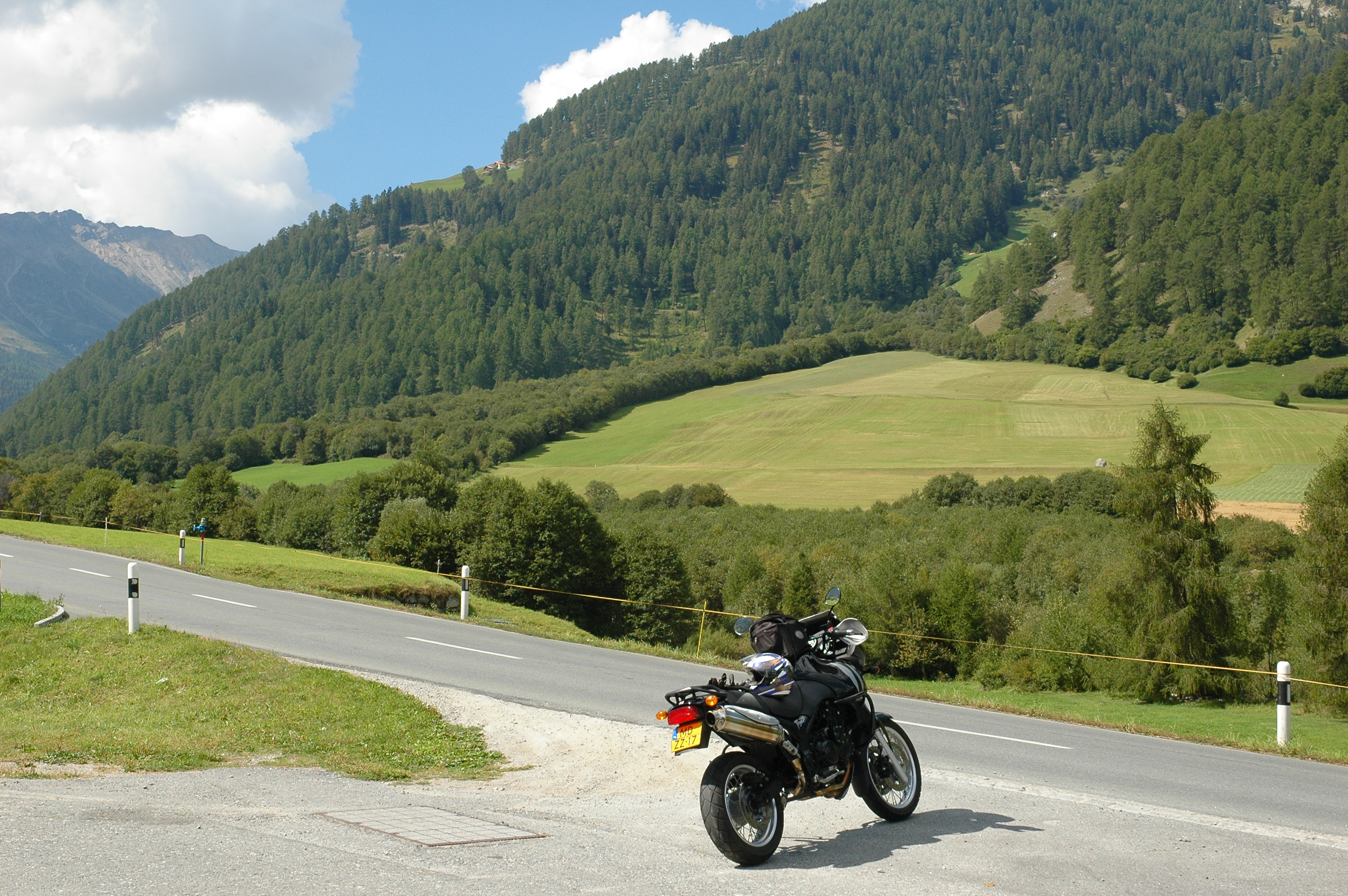 A quiet road in Engadin, Switzerland. Bike: Triumph Tiger 955i