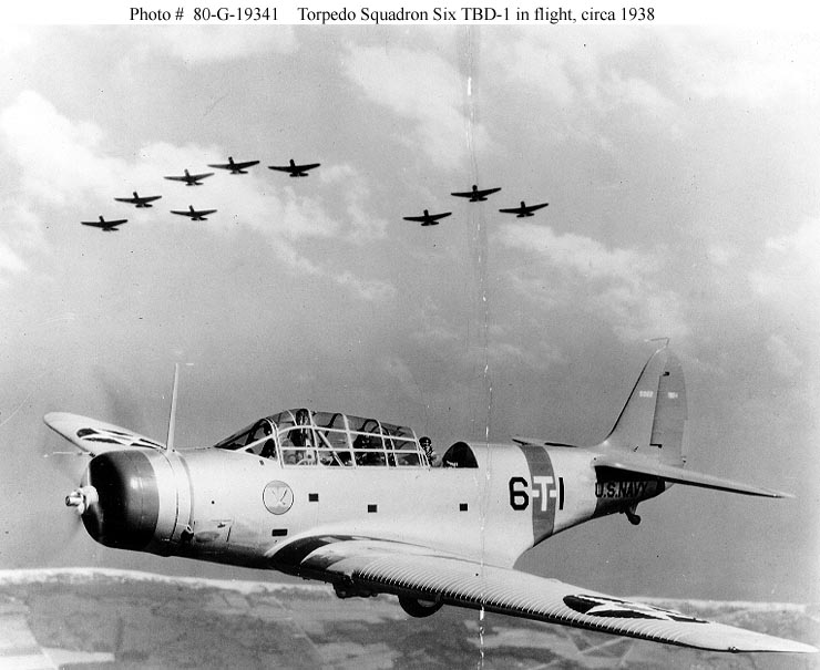 Torpedo Squadron Six <br>TBD-1 in flight circa 1938