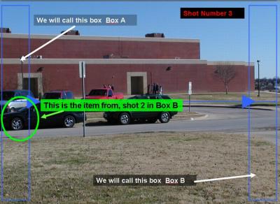 Now again holding the camera very level turn to the right until the key item, the car tire, is in BOX A for the third shot.

Take the shot, thats it. You just took a 3 shot pano.

Take the camera out of pano mode and take a bunch more picture to share on the forum.

When you get home there are many way to stitch the shot together.
Camedia Software that came with the camera.
The Panorama Factory, ACDSee and many more.
