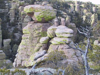 Eroded spires of pinkish rock, decorated with green lichen