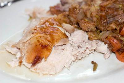 juicy turkey breast meat, crisped skin, stuffing