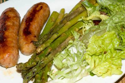 sausage, asparagus, mesclun