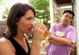 Jessica Parker samples a homebrew while Jeff Chan looks on