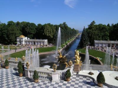 St. Petersburg Russia - Peterhof palace fountains and waterway to the gulf