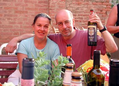 Evelyn and Andy enjoying a bottle of Brunello