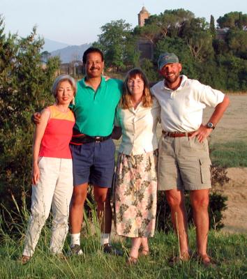 The Montalcino hikers. They left from where they are standing and Montalcino can be seen in the distance above Charlie's head.