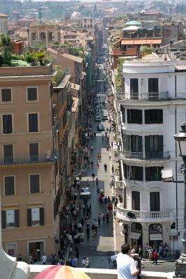 The view from the top of the Spanish Steps looking down on Via Condotti, the fashion center of Rome.