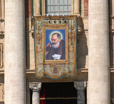 The banner in St. Peter's Square on the day before the canonization of Padre Pio at the Vatican.