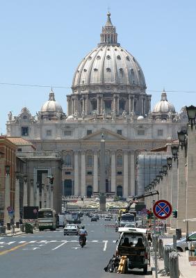 A view of St. Peter's Square and the Basilica from the area just in front of Castel Sant'Angelo in Rome.