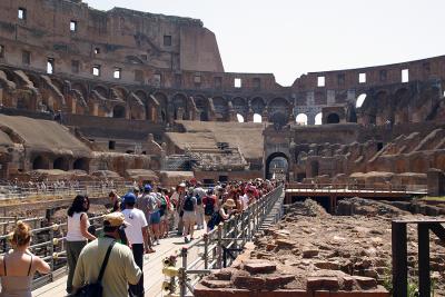 The wooden platform at floor level of the Colosseum in Rome, Italy.