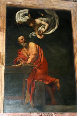 Caravaggio's The Inspiration of St. Matthew in the Church of San Luigi dei Francesi just off Piazza Navona in Rome.