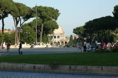 The view from in front of the Vittorio Emanuele II Monument looking to the northeast toward the Colosseum in Rome, Italy.