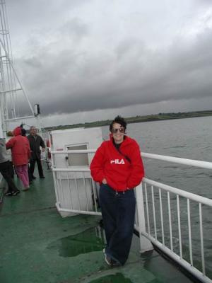 me on the ferry over the Shannon - Ern took it, note horizon!