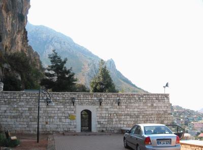 Alas, the cave church, under a cliff  of Habib Necar Mountain, was closed.<br>Antakya below.