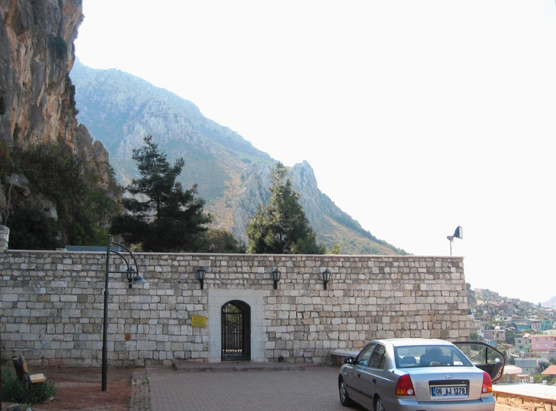 Alas, the cave church, under a cliff  of Habib Necar Mountain, was closed.<br>Antakya below.