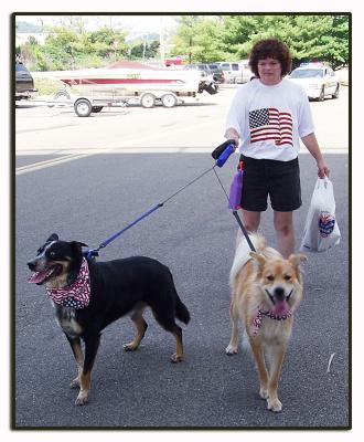 Patriotic owner and her dogs