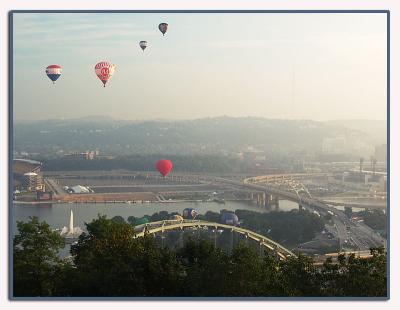 Balloons over the point (balloon, Pittsburgh, bridge, river)