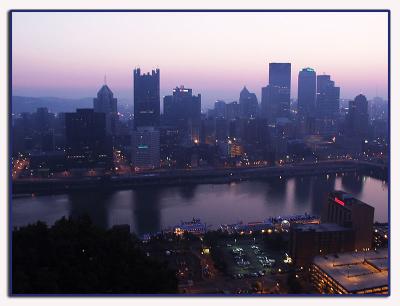 but the pre-dawn skyline is pretty! (Pittsburgh, river)