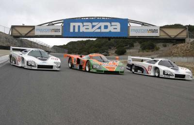 1991 Le Manns winning 787B, flanked by 1984 winning Lola Mazdas