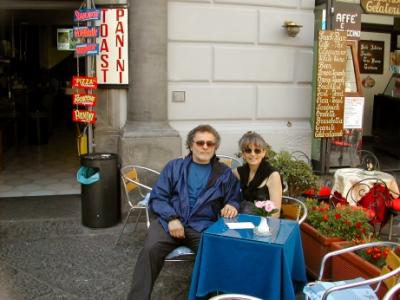 Judy and Richard at an outdoor cafe on Piazza del Duomo in Amalfi