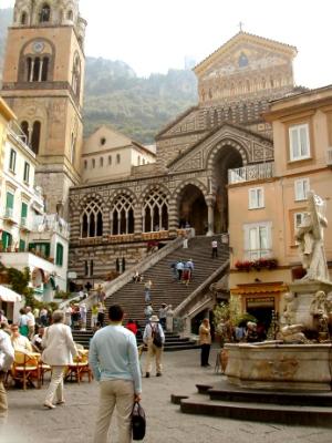 Piazza del Duomo, Sant' Andrea Duomo and bell tower in Amalfi. Duomo dates from the 11th century - Baroque and Moorish features