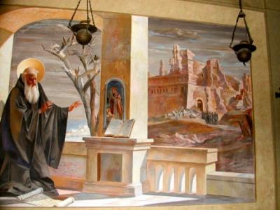 Fresco: St. Benedict watches monks returning to abbey after it was destroyed.  Symbolic of the continuation of the word.