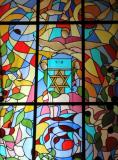 Stained glass window with Star of David. Donated by Jewish WW II veterans.