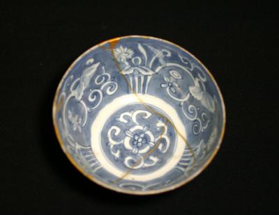 Chinese Blue & White Bowl, c. 15th century, 5.5 inches diameter, gold lacquer repairs