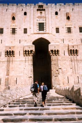 Aleppo - John & Lara walking the steps to the citadel