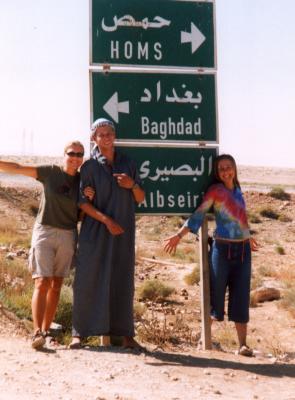 Lara, Jade & Vicki - Baghdad signpost
