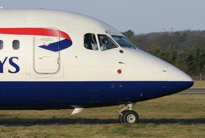 The vast cockpit area is evident in this close-up of a BA Citiexpress Avro RJ100