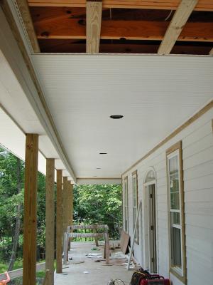 The front porch ceiling nears completion