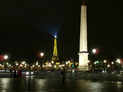 Eiffel Tower and 3,300-year-old Luxor Obelisk from the Place de la Concorde