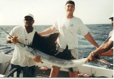 Josh Waltz catches 7 foot sailfish off the coast of Aruba, April, 2002