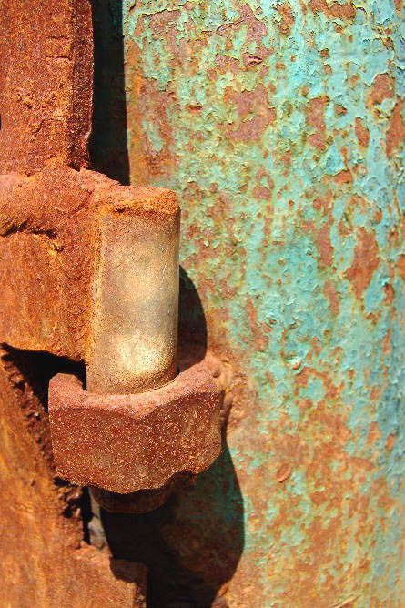 A rusty nut against a green background