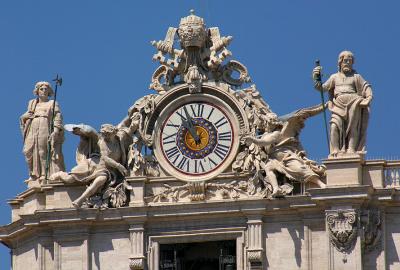 One of two identical clocks on the facade of St. Peter's Basilica in the Vatican.