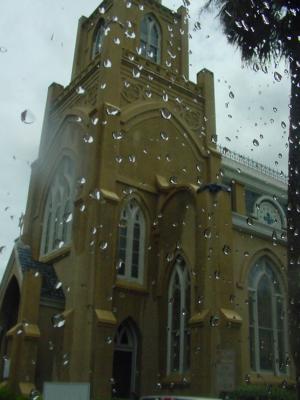It rained on and off - synagogue photo taken from bus