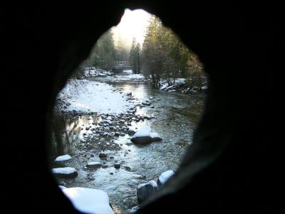 View from inside the wooden bridge in Wawona