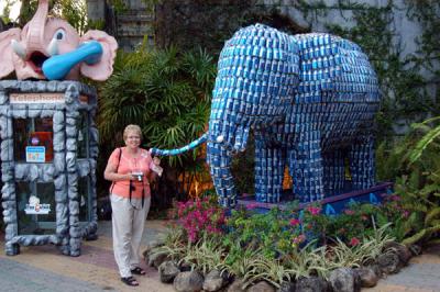 Mom and an elephant of Pepsi cans
