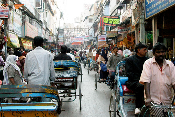 Rickshaw traffic on Nai Sarak, Old Delhi