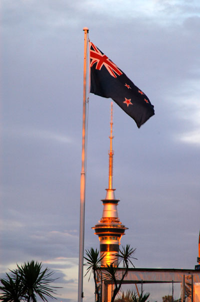 New Zealand flag and Sky Tower